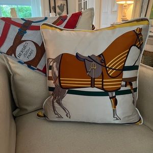 COPY - 20” H Horse Equestrian Silk Scarf Pillow Cover, Flax Linen Back. Hermes